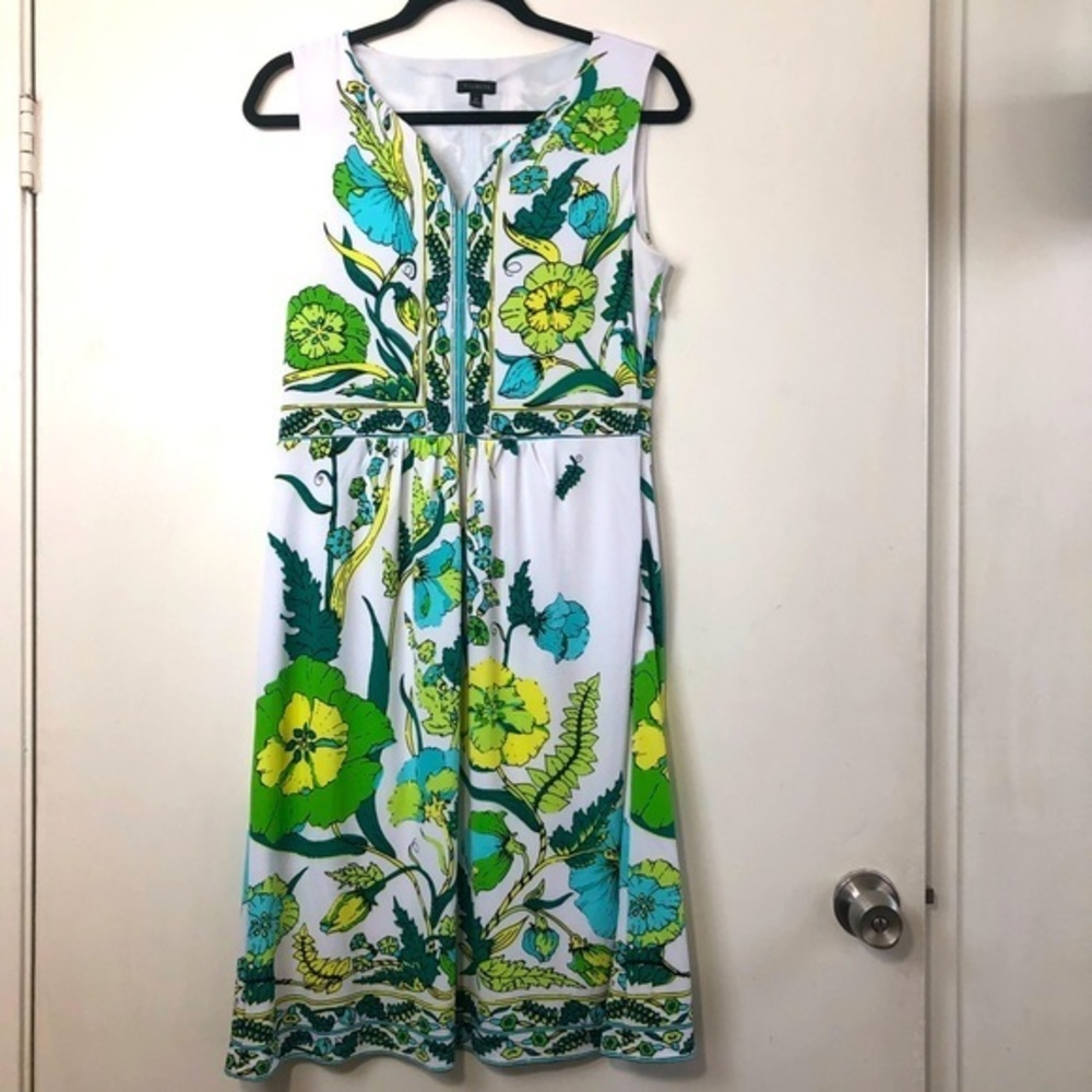 Talbots White W/ Green/Blue Print Sleeveless Dress- Size Medium